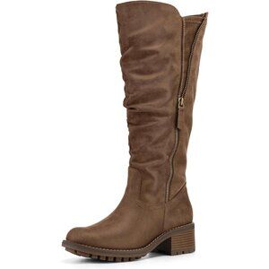 Women's Brown Mysoft Knee High Boots Chunky Heel Lug Sole Side Zipper 2 Inch